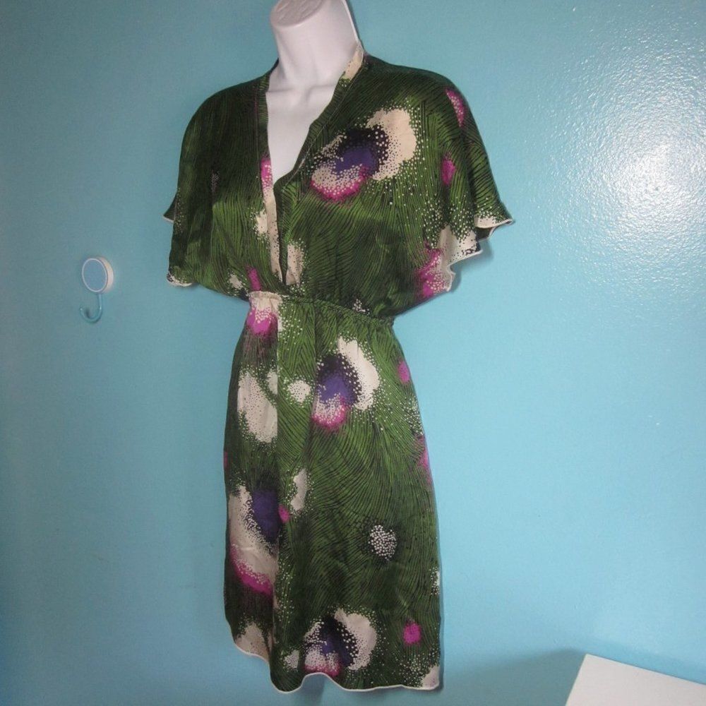Hale Bob Anthropologie Womens Size S Green Floral Silk Pullover Kimono Dress 